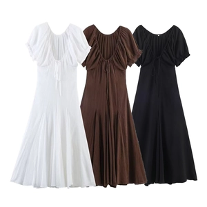 Vestito Midi Pieghettato Donna Manica Corta A Sbuffo Coulisse Scollo A U Linea A Tinta Unita Casual Estate