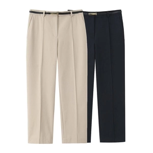 Pantaloni a gamba dritta da donna in beige e blu navy con cinture e pieghe frontali
