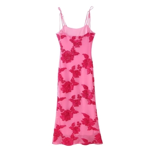 Pink slim fit midi dress with 3D floral embroidery and delicate spaghetti straps