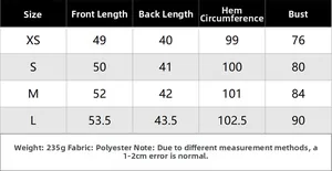 Detailed size chart for denim style corset top including bust and length measurements