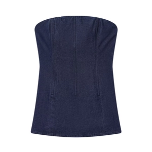 Corset-style dark blue denim tube top with structural seams and a slimming fit silhouette