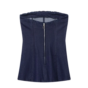 Slim fit denim corset tube top with center front zipper in deep blue street style