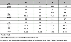 Detailed size chart for slim fit trousers showing measurements from XS to L in centimeters