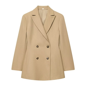 Slim fit double-breasted women's blazer in light camel with peak lapel and waist tailoring