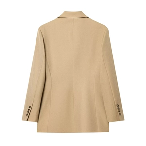 Flat lay back view of a slim fit khaki long sleeve blazer with buttoned cuffs for men