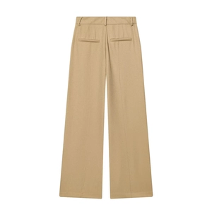 Rear view of khaki wide-leg suit trousers with crisp creases and back welt pockets