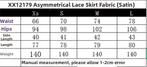 Tableau des tailles pour jupe en satin asymétrique avec dentelle et mensurations
