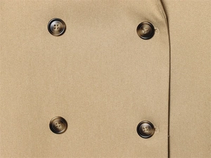 Close-up of khaki blazer featuring double-breasted marble buttons and twill fabric texture