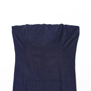Slim fit denim corset top in dark blue with vertical stitching and structured seams