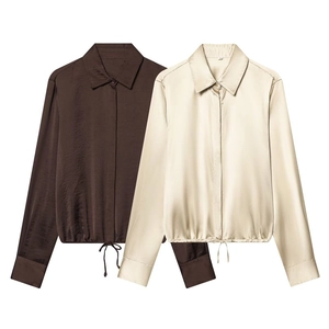 Chemisier Femme Élégant en Satin à Manches Longues avec Ourlet à Cordon Chemise Décontractée Large Top Mode pour Bureau Quotidien