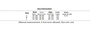 Detailed size chart for long sleeve bodysuit showing bust, waist, and hip measurements