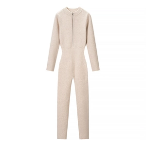 Chic beige long sleeve knitted bodysuit with front zipper and slim fit design