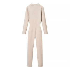 Slim fit long sleeve knitted bodysuit for women in beige with a round neckline