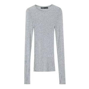 Close-up of gray long sleeve t-shirt collar featuring a black woven brand label