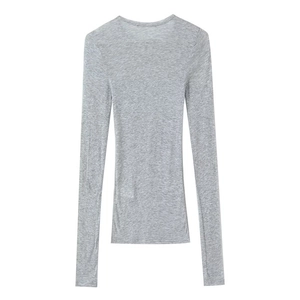 Detail shot of slim fit long sleeve T-shirt in heather grey with classic round neckline