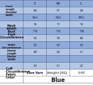 Comprehensive size chart for blue core yarn polo top with detailed S to L measurements