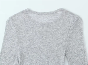 Close-up of the heather grey knit neckline and fabric texture on a slim long-sleeved T-shirt