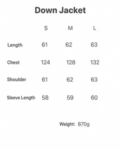 Detailed size chart for women's winter ski jacket including length, chest, and weight data