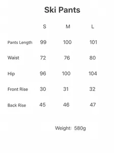 Detailed size chart for women's ski pants showing length, waist, and hip measurements