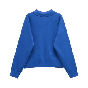 Women's royal blue long sleeve knit polo sweater with drop shoulder and ribbed trim