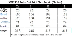 Detailed size chart for the polka dot chiffon blouse with measurements in centimeters