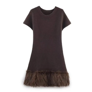 Dark brown short sleeve knit dress with faux fur trim at the hem for a stylish winter look