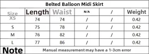 Size chart for women midi skirt showing length and waist measurements for XS to L sizes