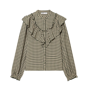Geruite blouse met lange mouwen, V-vormige ruches en elastische manchetten in groen-wit