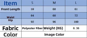 Size chart detail for irregular metallic knit skirt with length and waist measurements