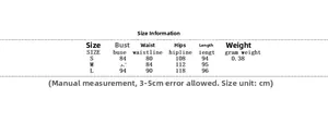 Size chart with measurements for bust, waist, hips and length for backless dress