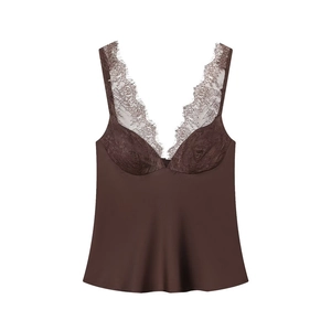 Top a canotta in raso marrone cioccolato da donna con bordo in pizzo e scollo a V