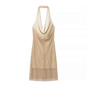 Elegant champagne gold halter neck bodycon dress with sequins and deep V-neck design