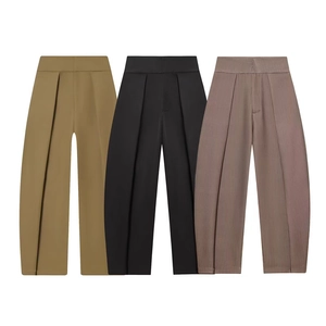 Modische weite Faltenhose mit hoher Taille in Khaki, Schwarz und kaffeebraunen Streifen