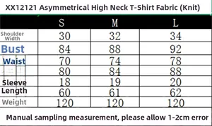 Tabella taglie dettagliata per t-shirt asimmetrica a lupetto in tessuto a maglia
