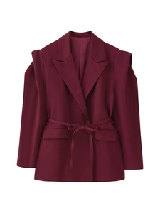 Blazer bordeaux ample pour femmes avec épaulettes et ceinture à nouer à la taille