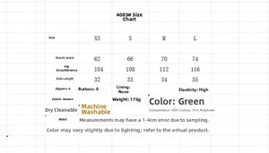 Size chart for green embroidered shorts showing waist, hip, and length measurements