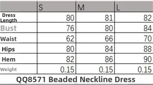 Tableau des tailles pour robe dos nu à paillettes avec mesures détaillées en S, M, L