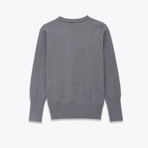 Back view of a minimalist dark grey crewneck pullover knit sweater with ribbed cuffs