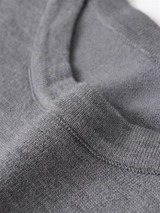 Detail showing the fine knitting texture and round neckline of a gray sweater