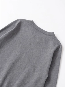 Close-up of high-density gray knit fabric texture and ribbed crewneck collar detail
