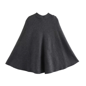 Capa poncho de punto gris oscuro para mujer con cuello redondo y silueta línea A suave