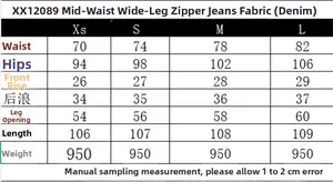 Tableau des tailles détaillé pour jeans larges en denim avec mesures en cm de XS à L