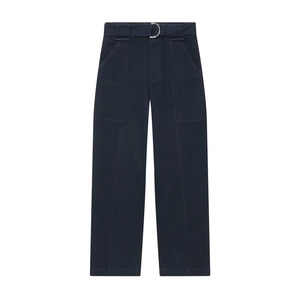 Women's dark blue straight leg cargo pants with high waist and matching D-ring belt