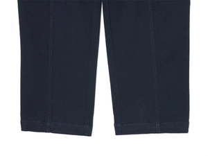 Close-up of navy blue cargo pants leg featuring vertical decorative stitching and hem detail
