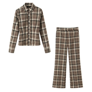 Chemise À Manches Longues À Carreaux Pour Femmes Et Pantalon À Taille Haute Mode Automne