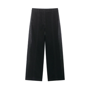 Pantalon noir taille haute à jambes larges avec bandes latérales à franges pour femmes