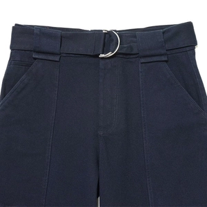Women's minimalist navy cargo pants with belted waist and double D-ring metal buckle