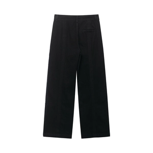 Pantalon large noir en coton pour femme avec poche arrière et coutures verticales élégantes