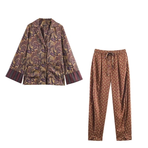 Paisley Print Satin Shirt And Pants Vintage Long Sleeve Lapel Button Up Leisure Loungewear For Women