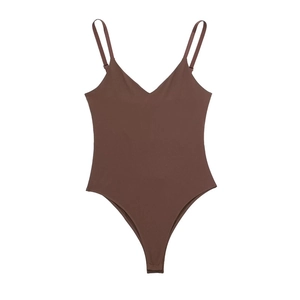 Detailed flat lay of dark brown deep V-neck bodysuit with adjustable thin straps